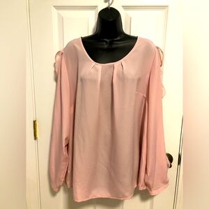 Lane Bryant dressy long sleeve blouse. 2X-18/20. Pink. Ruffle along sleeve.